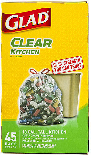 45 Count Glad Tall Kitchen Drawstring Clear Recycling Trash Bags 13 Gallon