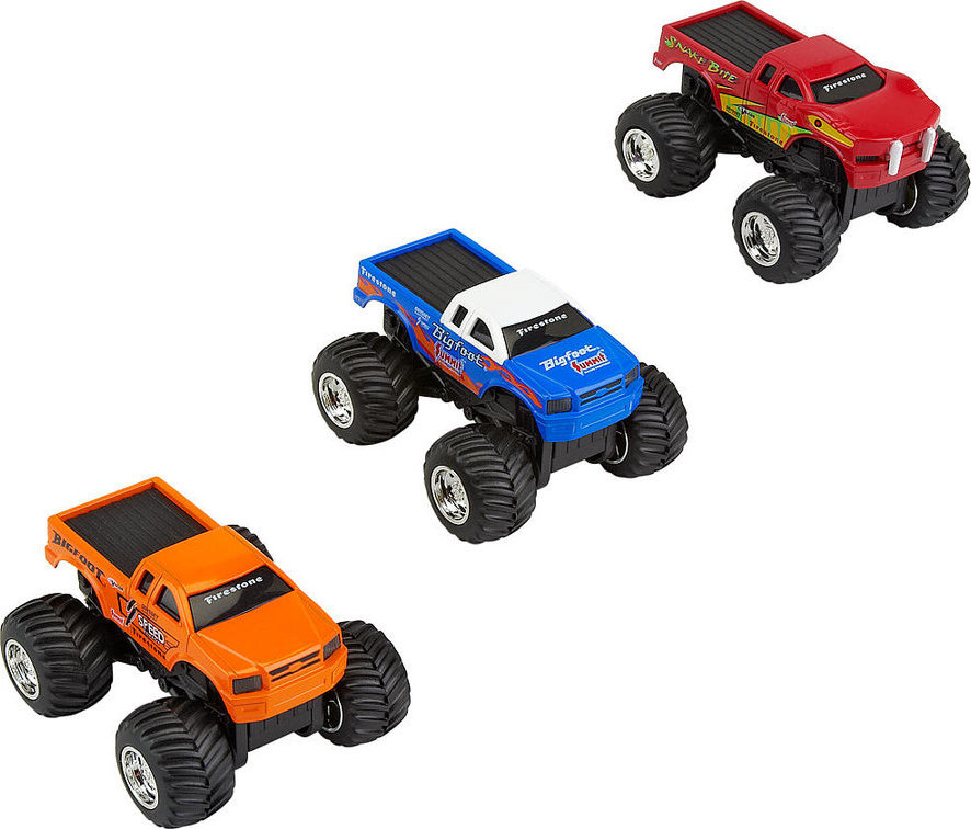 Fast Lane 1 64 Scale Die Cast Bigfoot Monster Truck 3 Pack Red Orange And Blue