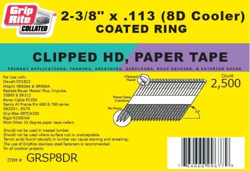 2,500 per Box Grip-Rite GRSP8DR Cooler Clipped Head 2-3/8-inch by .113-inch by 30 Degree Paper Tape Collated Vinyl Coated Ring Shank Framing Nail